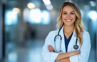 Smiling healthcare professional in a hospital corridor during daytime photo