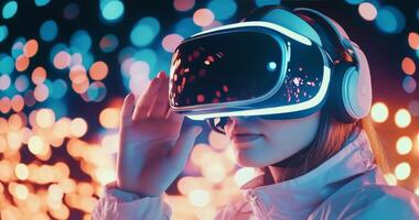 Person wearing virtual reality headset in colorful light display at night photo