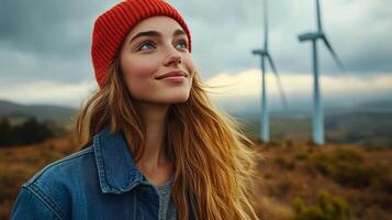 Young woman with a red beanie gazing upwards near wind turbines during a sunny afternoon photo