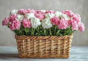 Beautiful arrangement of pink and white carnations in a wicker basket on a light background photo