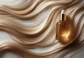 Hair serum and silky strands displayed on a soft surface photo