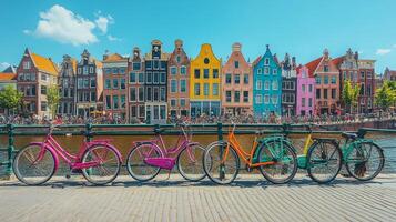 Colorful bicycles lined along a canal in Amsterdam on a sunny autumn day photo