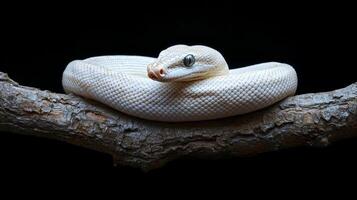 White snake resting on a branch in a dark environment at night photo