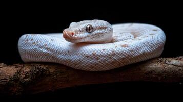 White snake resting on a branch in a dark environment at night photo