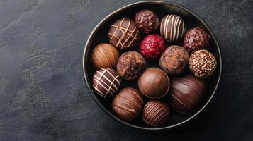 Assorted chocolate truffles arranged in a dark bowl on a textured surface photo