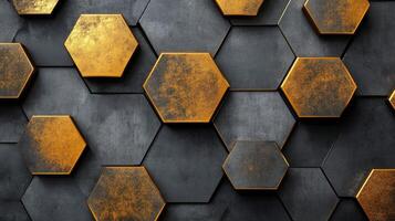 Modern hexagonal pattern with glowing golden edges and textured surfaces photo