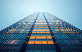 Modern glass building illuminated at dusk in an urban setting photo
