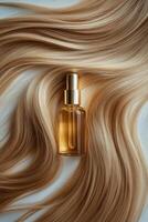Hair serum bottle resting on luxurious blonde waves in soft lighting photo
