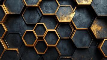 Modern hexagonal pattern with glowing golden edges and textured surfaces photo