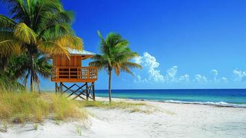 Lifeguard tower on a sunny beach with clear blue skies and palm trees photo