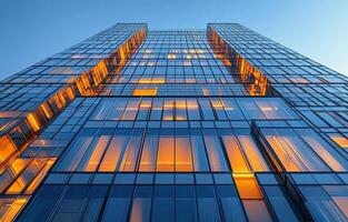 Modern glass building illuminated at dusk in an urban setting photo