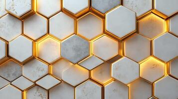 Modern hexagonal pattern with glowing golden edges and textured surfaces photo