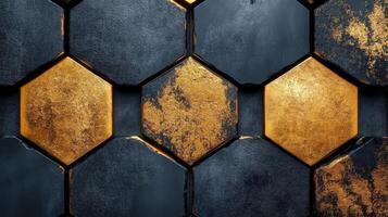 Modern hexagonal pattern with glowing golden edges and textured surfaces photo