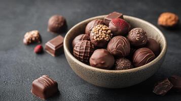 Assorted chocolate truffles arranged in a dark bowl on a textured surface photo