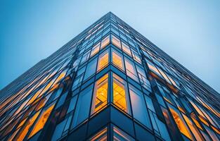 Modern glass building illuminated at dusk in an urban setting photo