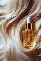 Hair serum bottle resting on luxurious blonde waves in soft lighting photo