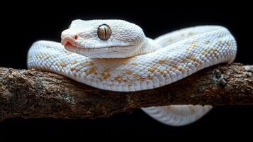 White snake resting on a branch in a dark environment at night photo
