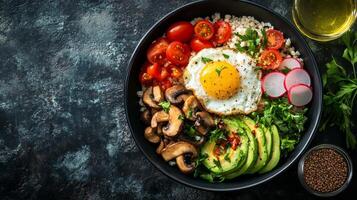 Healthy breakfast bowl with avocado, egg, tomatoes, and mushrooms on a dark table photo