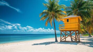 Lifeguard tower on a sunny beach with clear blue skies and palm trees photo