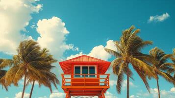 Lifeguard tower on a sunny beach with clear blue skies and palm trees photo