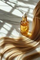 Hair serum bottle resting on luxurious blonde waves in soft lighting photo
