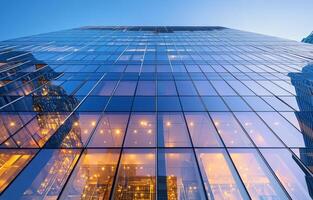 Modern glass building reflecting evening lights in an urban setting photo