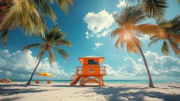 Lifeguard tower on a sunny beach with clear blue skies and palm trees photo