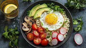 Healthy breakfast bowl with avocado, egg, tomatoes, and mushrooms on a dark table photo