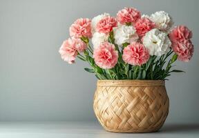 Pink and white carnations arranged in a woven basket on a textured background photo