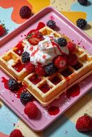 Delicious waffles topped with raspberries and cream served on a pink plate in spring photo