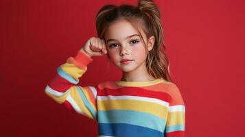 Young girl raising her fist against a red background in a cheerful pose photo