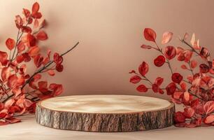 Natural wood platform surrounded by autumn leaves on a neutral background photo