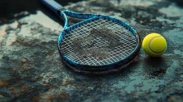 Tennis racket and ball resting on a weathered blue surface photo