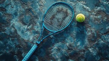 Tennis racket and ball resting on a weathered blue surface photo