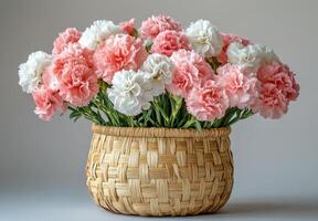 Pink and white carnations arranged in a woven basket on a textured background photo