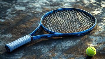 Tennis racket and ball resting on a weathered blue surface photo