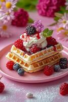Delicious waffles topped with raspberries and cream served on a pink plate in spring photo