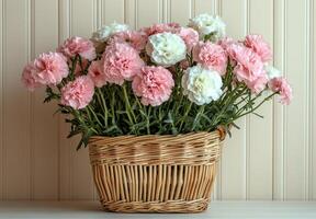 Beautiful arrangement of pink and white carnations in a wicker basket on a light background photo