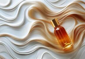 Hair serum and silky strands displayed on a soft surface photo