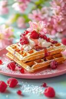 Delicious waffles topped with raspberries and cream served on a pink plate in spring photo
