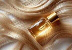 Hair serum and silky strands displayed on a soft surface photo