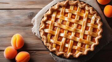Lattice-top peach pie on a rustic wooden table with fresh apricots nearby photo