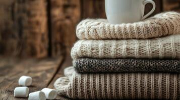 Cozy sweaters and a warm coffee cup with marshmallows on a wooden table in autumn photo