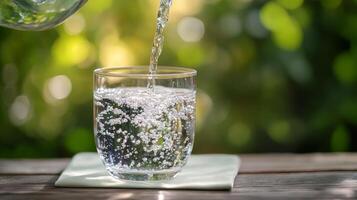Pouring sparkling water into a glass on a sunny day in a garden photo