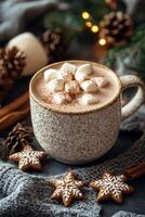 Warm holiday hot chocolate topped with marshmallows and cookies on a festive table photo