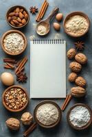 Festive baking preparation with spices, cookies, and festive decorations on a countertop photo