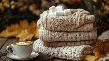 Cozy sweaters and a warm coffee cup with marshmallows on a wooden table in autumn photo