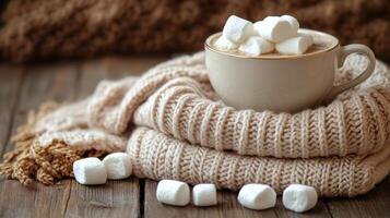 Cozy sweaters and a warm coffee cup with marshmallows on a wooden table in autumn photo