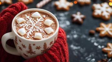 Cozy winter drink with marshmallows, pinecones, and cookies on a dark festive background photo