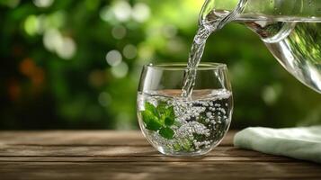 Pouring sparkling water into a glass on a sunny day in a garden photo
